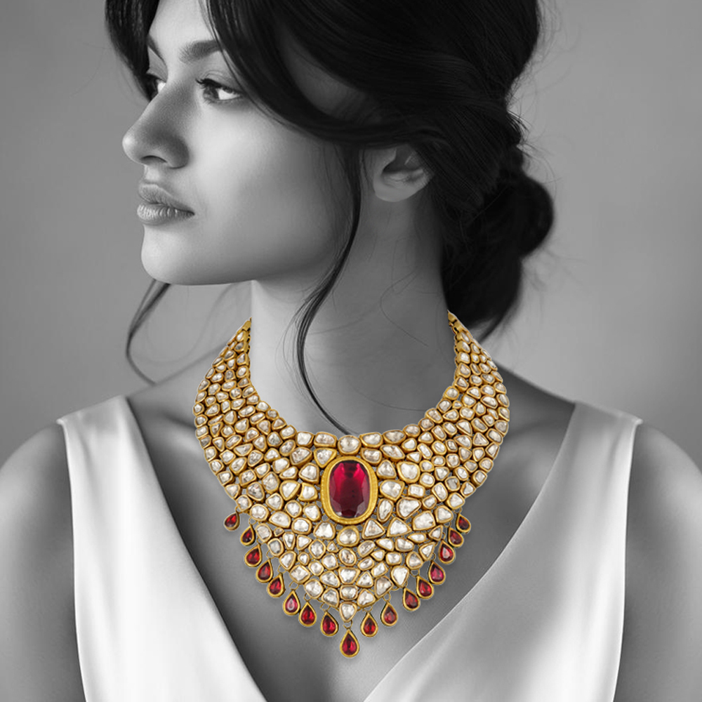 Bridal Polki Necklace with Rhodolite Center and Red Drops